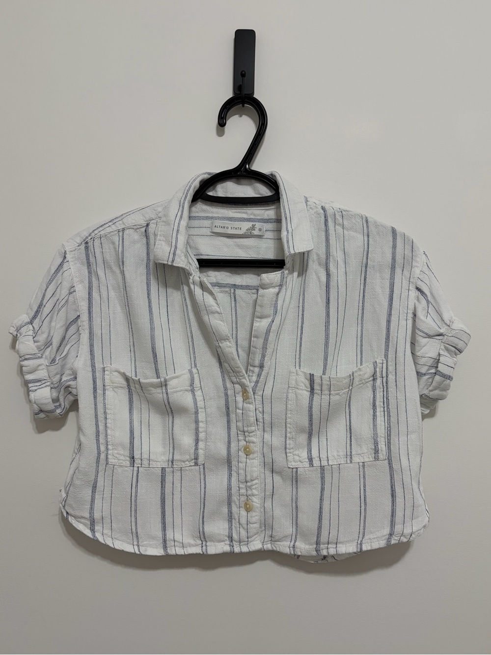 Altar'd State White Crop Shirt with Navy Pinstripes